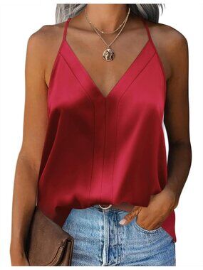 Women's Red Sleeveless V Neck Silk Satin Causal Pull On Blouse Tank Tops